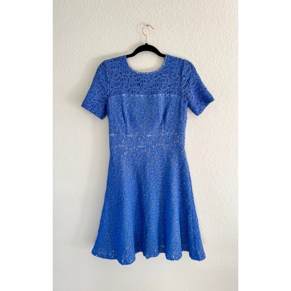 Kay Unger New York Blue Lace A-Line Dress‎ Size 6 Short Sleeve Knee Length